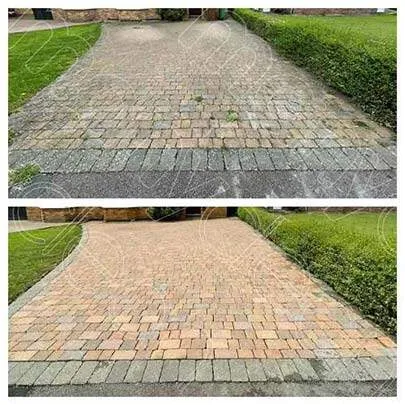 Before and after image of a dirty driveway in Accrington, Lancashire.