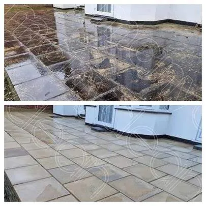 Before and After Image of a Grimy Patio in Barnoldswick Transformed